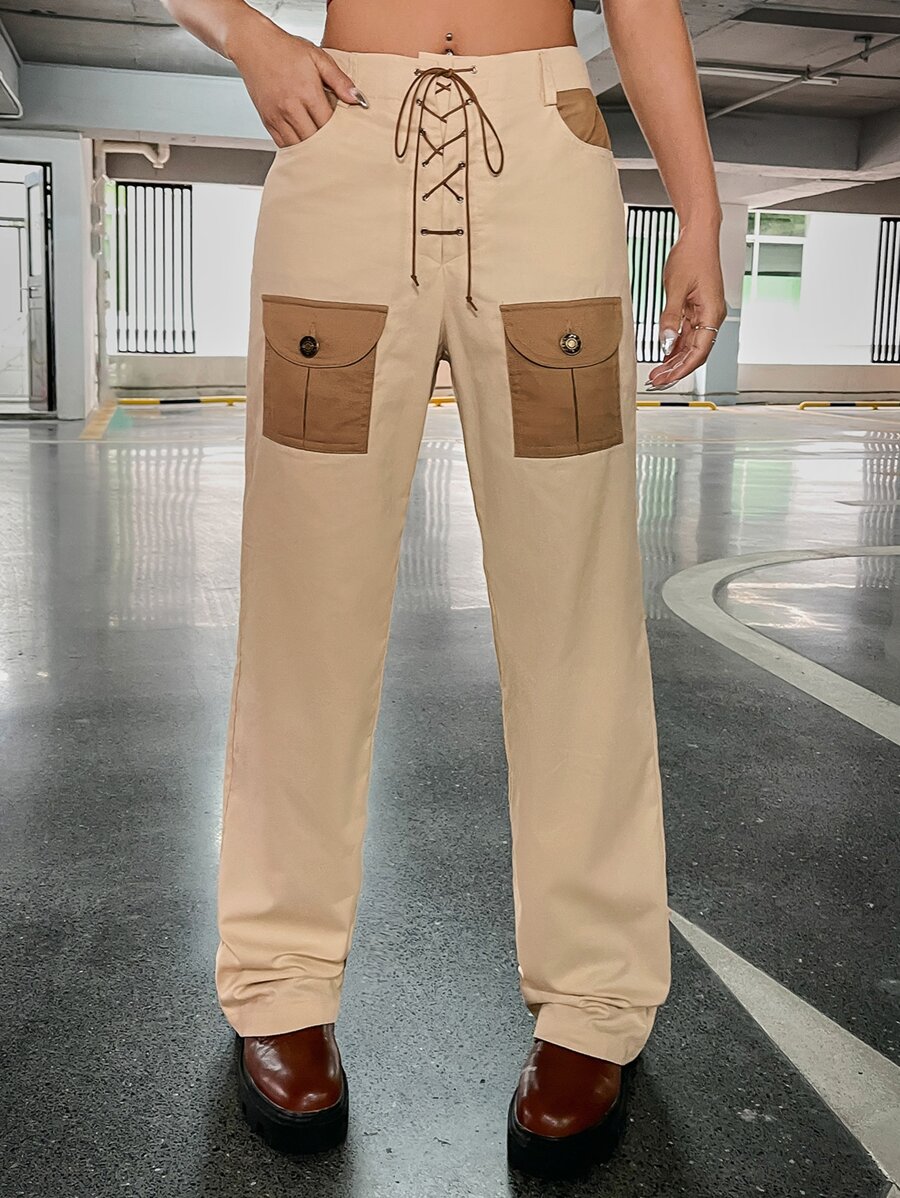 SHEIN ICON Colourblock Flap Pocket Lace Up Front Trousers - Khaki - View 1