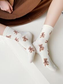 Bear Pattern Crew Socks, Fall Socks - White - View 1
