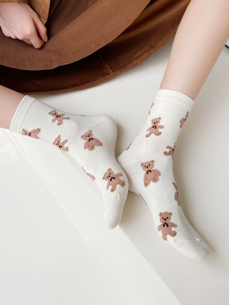 Bear Pattern Crew Socks, Fall Socks - White - View 1