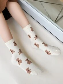 Bear Pattern Crew Socks, Fall Socks - White - View 2