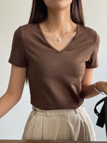 DAZY Chất rắn Cổ v Áo thun - Cà phê nâu - Xem 6