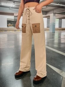 SHEIN ICON Colourblock Flap Pocket Lace Up Front Trousers - Khaki - View 4