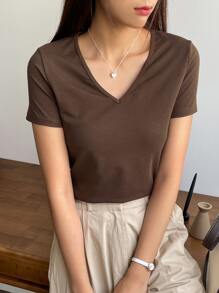 DAZY Chất rắn Cổ v Áo thun - Cà phê nâu - Xem 7