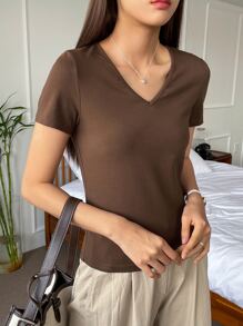 DAZY Chất rắn Cổ v Áo thun - Cà phê nâu - Xem 8