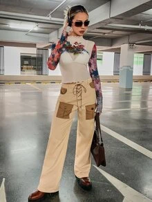 SHEIN ICON Colourblock Flap Pocket Lace Up Front Trousers - Khaki - View 5