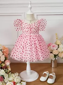 SHEIN Baby Girl Heart Print Puff Sleeve Ruched Sweetheart Neck Mesh Dress - Baby Pink - View 1