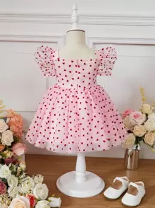 SHEIN Baby Girl Heart Print Puff Sleeve Ruched Sweetheart Neck Mesh Dress - Baby Pink - View 2
