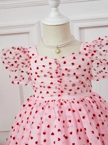 SHEIN Baby Girl Heart Print Puff Sleeve Ruched Sweetheart Neck Mesh Dress - Baby Pink - View 3