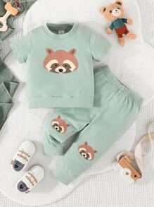 Baby Boy Cartoon Graphic Tee & Joggers - Mint Green - View 1