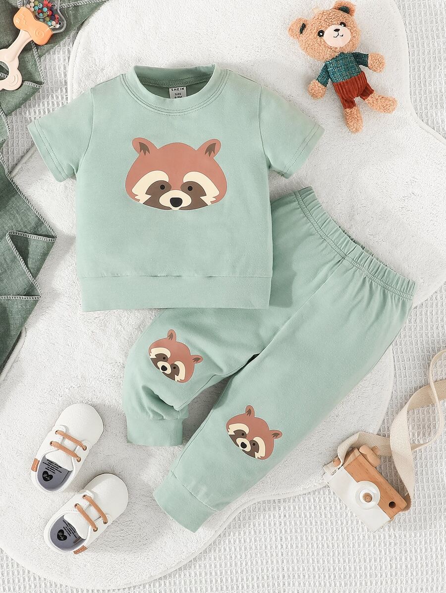 Baby Boy Cartoon Graphic Tee & Joggers - Mint Green - View 1