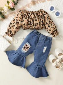 SHEIN Baby Leopard Print Flounce Sleeve Top & Ripped Flare Leg Jeans - Multicolor - View 1