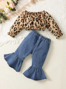 SHEIN Baby Leopard Print Flounce Sleeve Top & Ripped Flare Leg Jeans - Multicolor - View 2