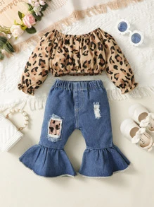 SHEIN Baby Leopard Print Flounce Sleeve Top & Ripped Flare Leg Jeans - Multicolor - View 3
