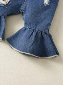 SHEIN Baby Leopard Print Flounce Sleeve Top & Ripped Flare Leg Jeans - Multicolor - View 4