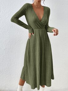 SHEIN Frenchy Surplice Neck Ribbed Knit A-line Dress - Army Green - View 1