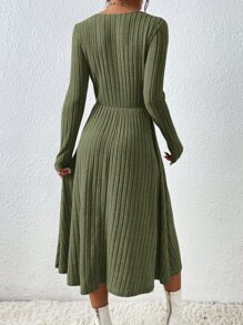 SHEIN Frenchy Surplice Neck Ribbed Knit A-line Dress - Army Green - View 2
