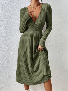 SHEIN Frenchy Surplice Neck Ribbed Knit A-line Dress - Army Green - View 3