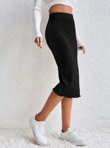 SHEIN Frenchy Elastic Waist Ribbed Knit Pencil Skirt Winter Black Elegant Black Spring - Black - View 1