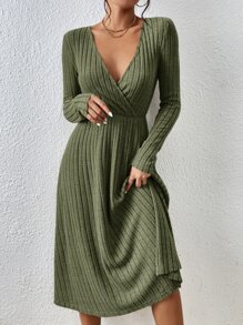 SHEIN Frenchy Surplice Neck Ribbed Knit A-line Dress - Army Green - View 4