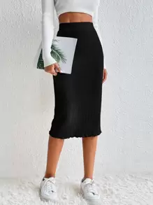 SHEIN Frenchy Elastic Waist Ribbed Knit Pencil Skirt Winter Black Elegant Black Spring - Black - View 3