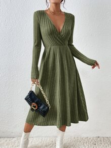 SHEIN Frenchy Surplice Neck Ribbed Knit A-line Dress - Army Green - View 5