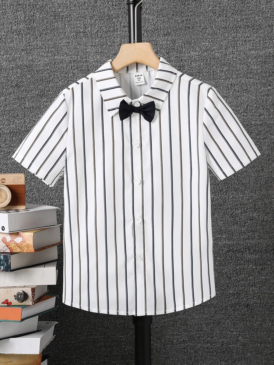 Boys Striped Bow Front Shirt - White - View 1