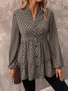 SHEIN LUNE 滿版印花燈籠袖荷葉邊襯衫 - 咖啡棕 - 查看 3