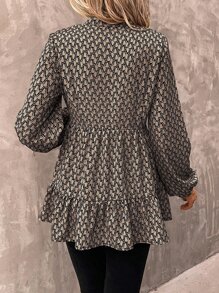 SHEIN LUNE 滿版印花燈籠袖荷葉邊襯衫 - 咖啡棕 - 查看 4