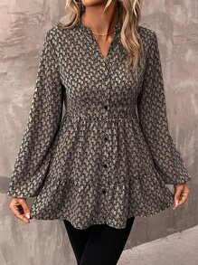 SHEIN LUNE 滿版印花燈籠袖荷葉邊襯衫 - 咖啡棕 - 查看 1