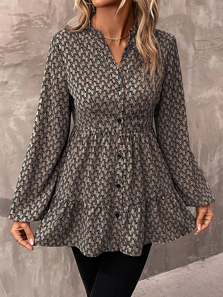 SHEIN LUNE 滿版印花燈籠袖荷葉邊襯衫 - 咖啡棕 - 查看 1