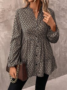 SHEIN LUNE 滿版印花燈籠袖荷葉邊襯衫 - 咖啡棕 - 查看 2