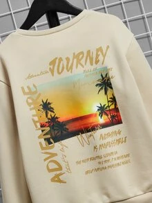 SHEIN Boys Slogan & Scenery Print Drop Shoulder Sweatshirt - Khaki - View 6