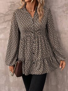 SHEIN LUNE 滿版印花燈籠袖荷葉邊襯衫 - 咖啡棕 - 查看 6