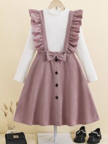 Niñas Camiseta de cuello alto & Falda de tiras ribete con fruncido con lazo delantero - Multicolor - Ver 1