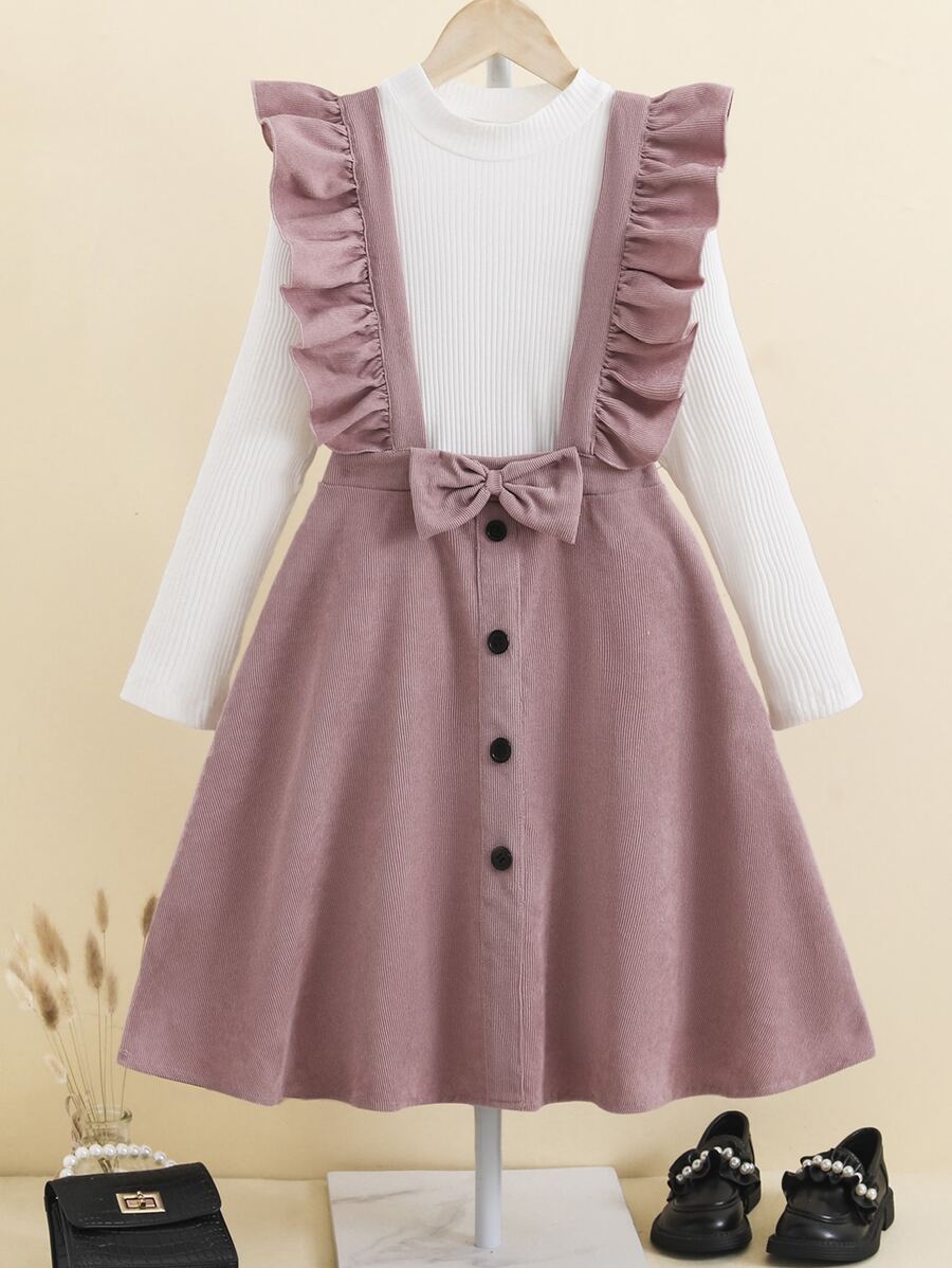 Niñas Camiseta de cuello alto & Falda de tiras ribete con fruncido con lazo delantero - Multicolor - Ver 1