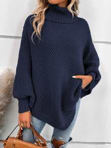 SHEIN LUNE Solid Turtleneck Batwing Sleeve Knit Poncho - Navy Blue - View 1