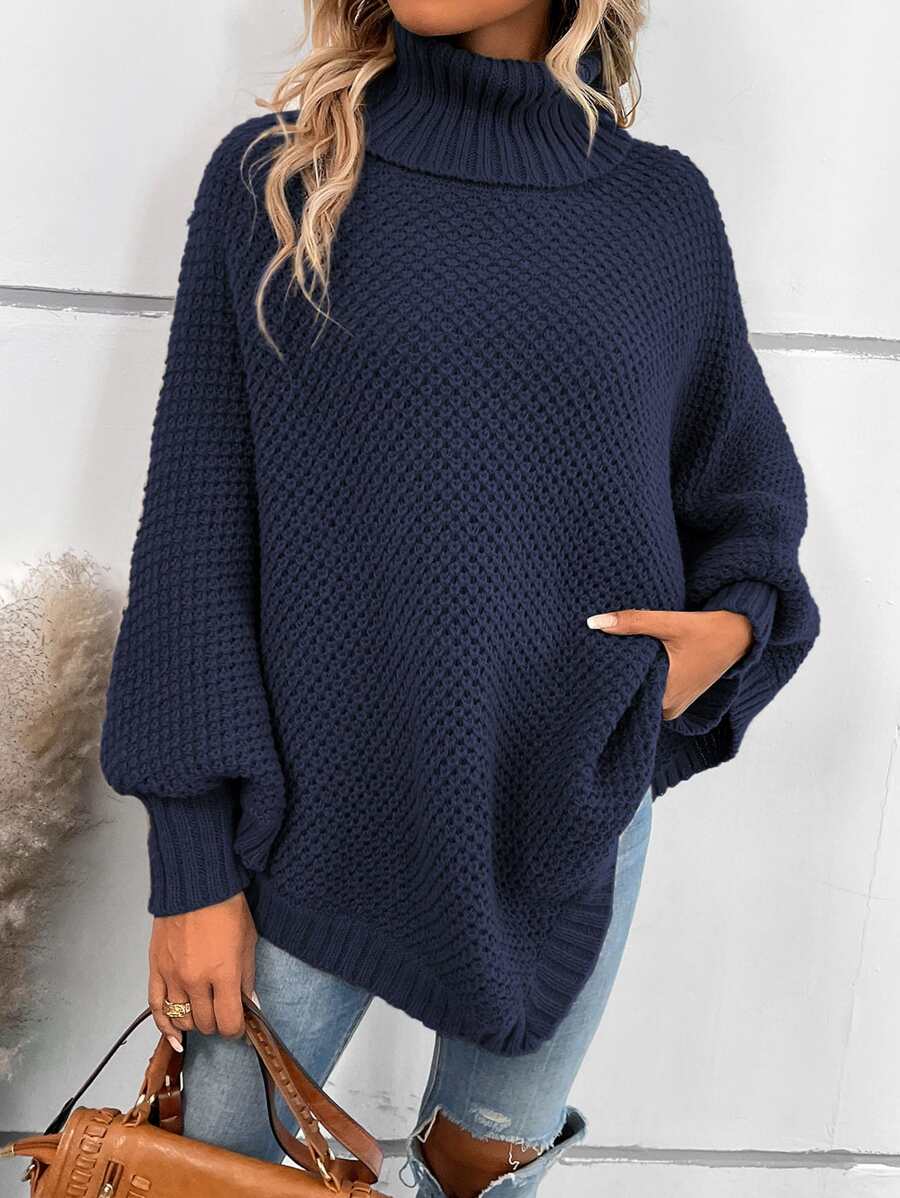 SHEIN LUNE Solid Turtleneck Batwing Sleeve Knit Poncho - Navy Blue - View 1