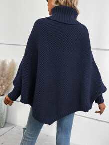 SHEIN LUNE Solid Turtleneck Batwing Sleeve Knit Poncho - Navy Blue - View 2