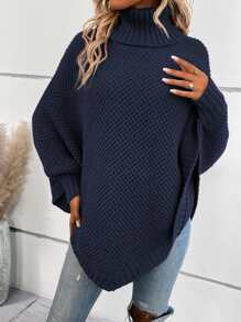 SHEIN LUNE Solid Turtleneck Batwing Sleeve Knit Poncho - Navy Blue - View 3