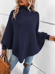 SHEIN LUNE Solid Turtleneck Batwing Sleeve Knit Poncho - Navy Blue - View 4