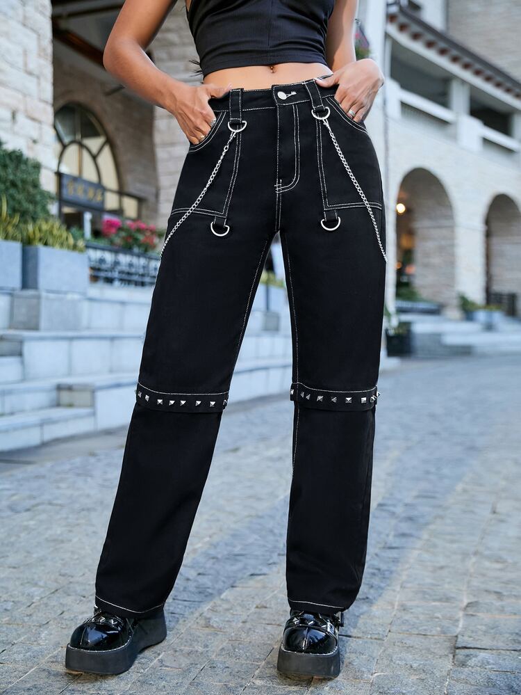 Studded Chain Decoration Straight Leg Jeans - Black - View 1