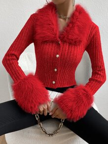 Allurite Fuzzy Collar Ribbed Knit Cardigan - Red - View 1