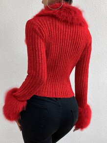 Allurite Fuzzy Collar Ribbed Knit Cardigan - Red - View 2