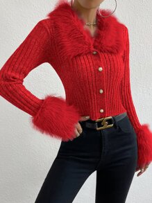 Allurite Fuzzy Collar Ribbed Knit Cardigan - Red - View 4