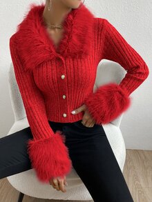 Allurite Fuzzy Collar Ribbed Knit Cardigan - Red - View 5