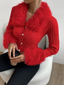 Allurite Fuzzy Collar Ribbed Knit Cardigan - Red - View 6