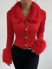 Allurite Fuzzy Collar Ribbed Knit Cardigan - Red - View 7