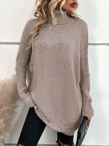 SHEIN LUNE Turtleneck Batwing Sleeve Jumper - Khaki - View 1