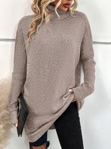 SHEIN LUNE Turtleneck Batwing Sleeve Jumper - Khaki - View 4