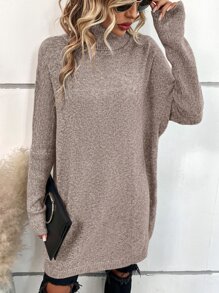 SHEIN LUNE Turtleneck Batwing Sleeve Jumper - Khaki - View 6